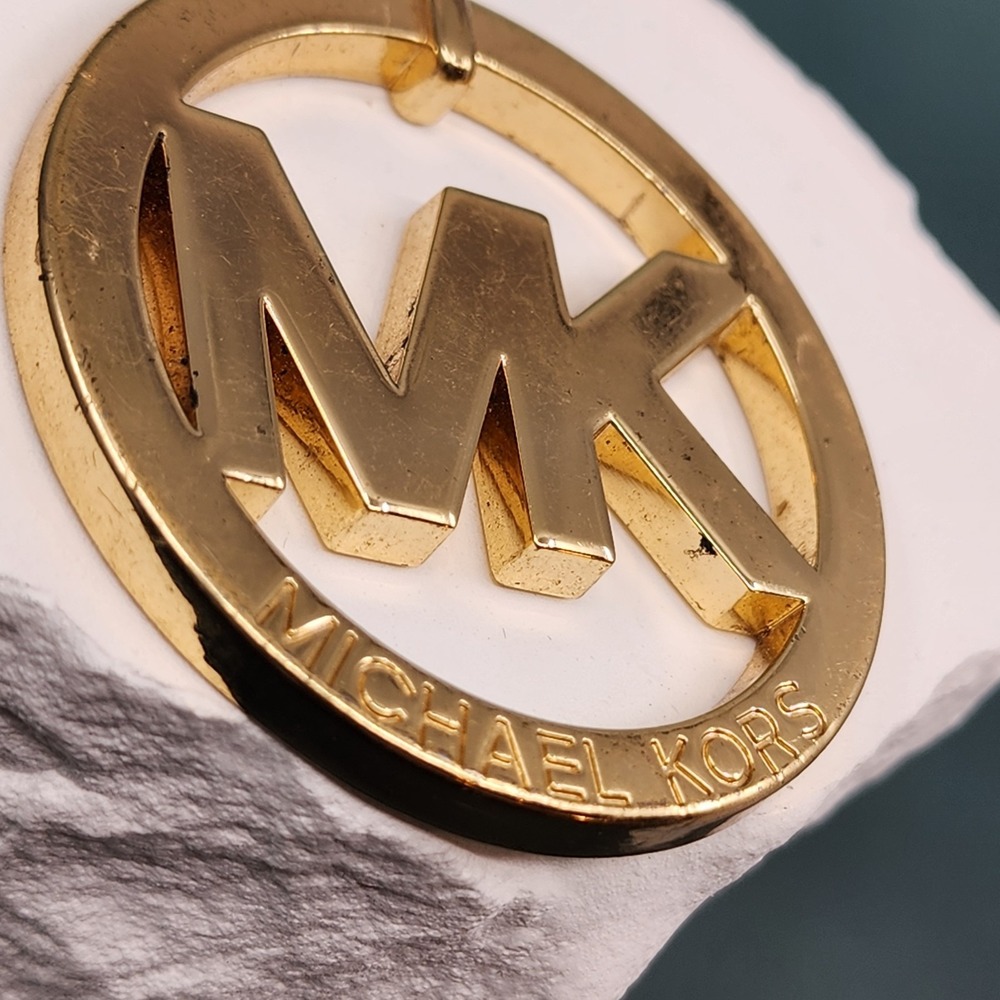 Michael Kors MK Logo Gold Tone Round Medallion Pendant Purse Bag Charm Accessory